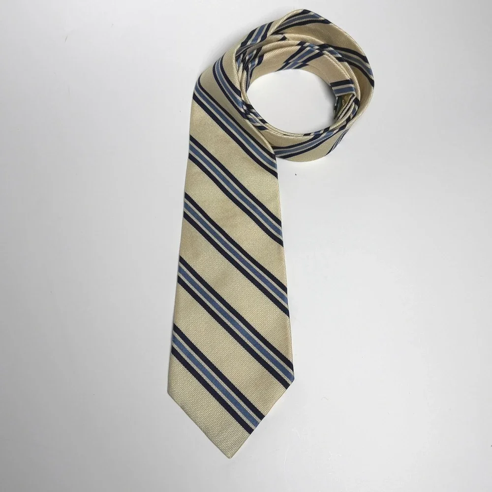 Lauren Ralph Lauren Mens Silk Tie Cream Navy‎ Blue Diagonal Stripe Made in USA